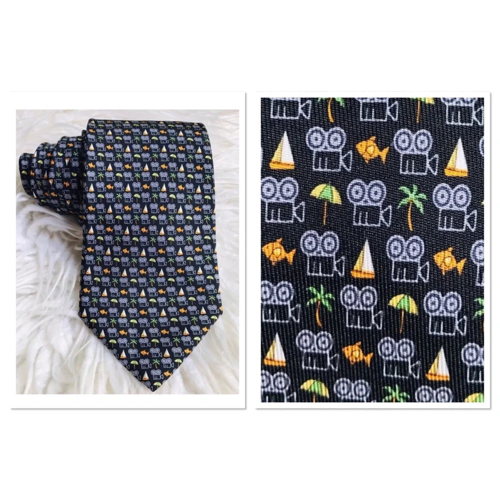 Salvatore Ferragamo 100% Silk Tie Fish Palm Tree Print Black Multicolour